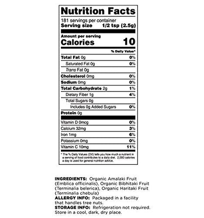 Authentic imported 16 ounce bag of Terrasoul Superfoods raw Triphala powder for bloating relief.