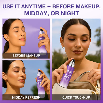 Mattifying makeup fixer spray being sprayed to demonstrate the ultra fine mist pattern