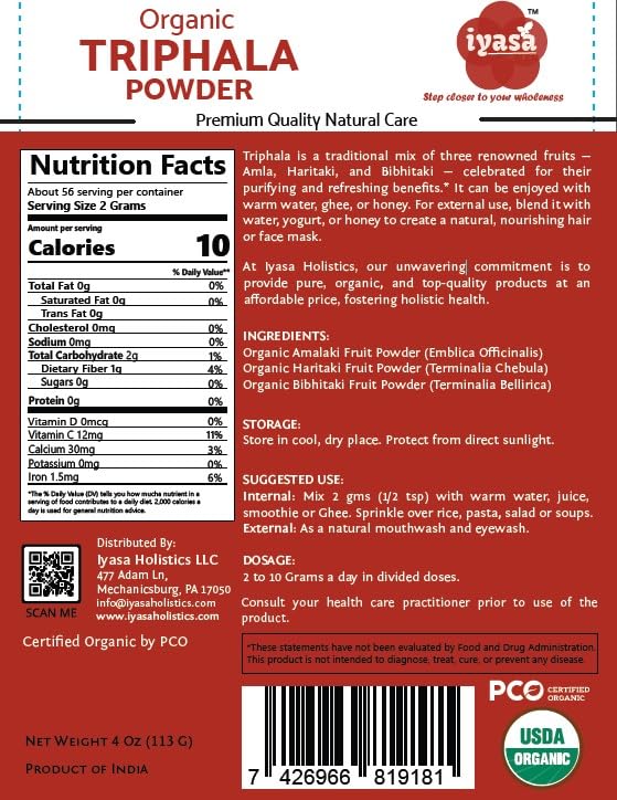 Iyasa Holistics Triphala Powder organic superfood supplement nutrition label details.