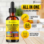 Back label view of JB Wellness Co Organic Maca Root liquid multivitamin displaying supplement facts, ingredients, and suggested usage instructions.