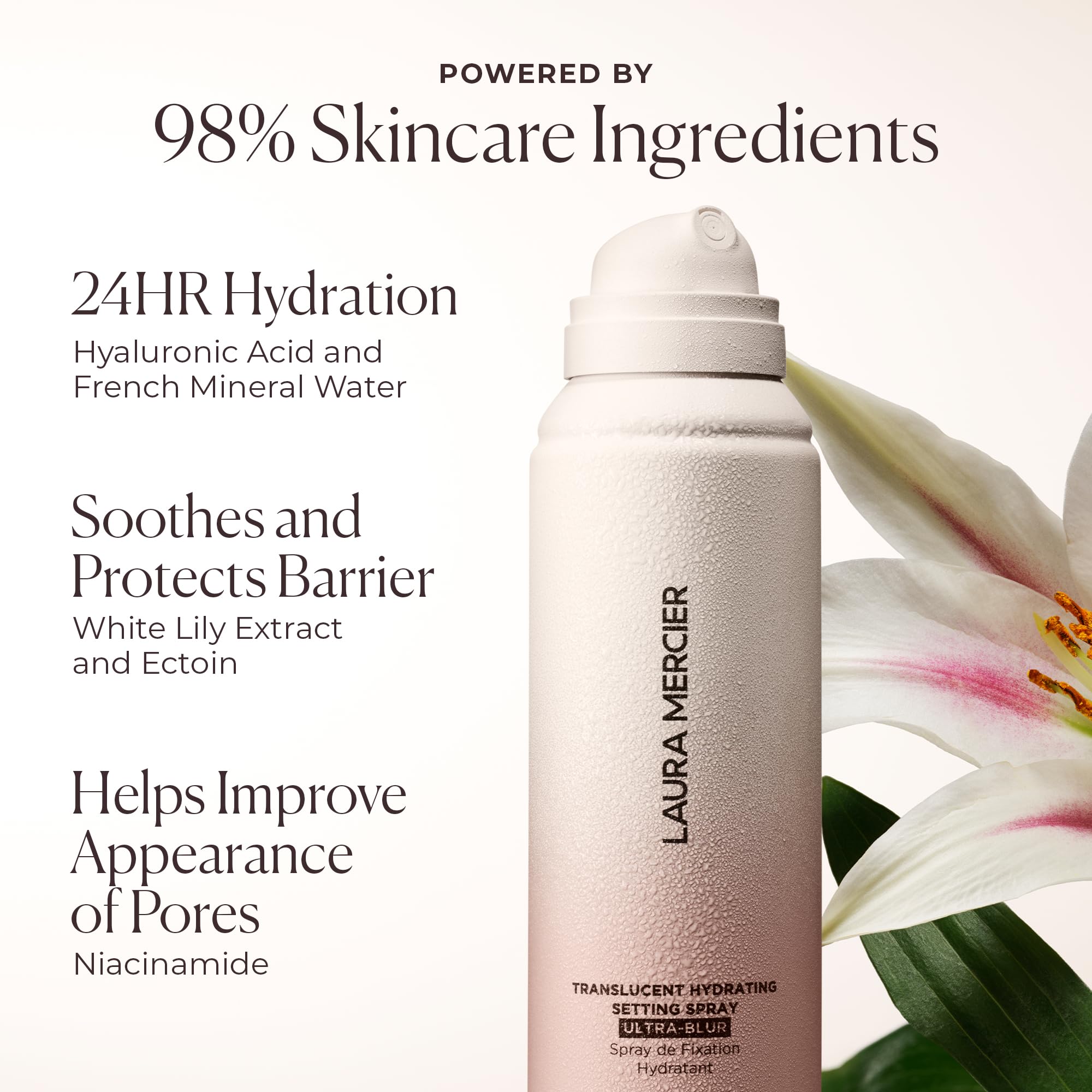 Back side of Laura Mercier hydrating setting spray bottle with product details