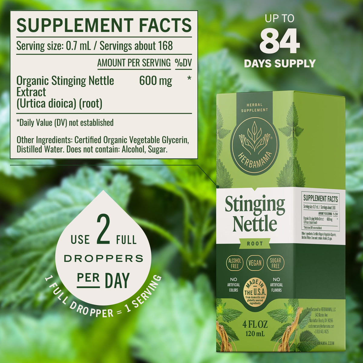 Herbamama Stinging Nettle four ounce bottle dropper mechanism for rapid systemic absorption