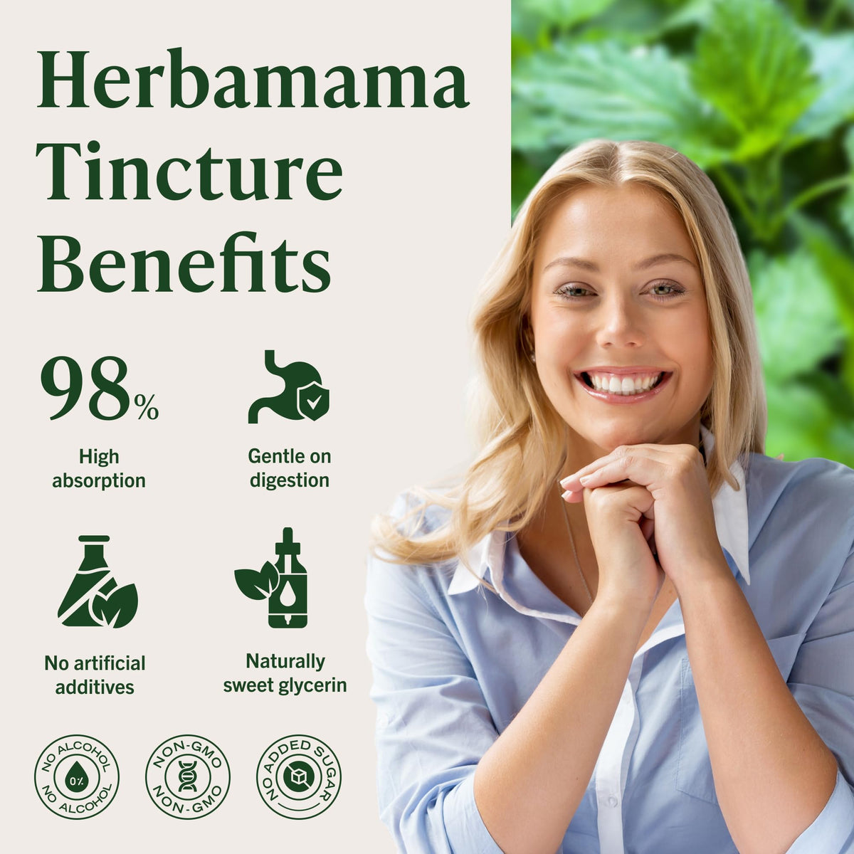 Herbamama Stinging Nettle root dietary supplement bottle standing upright with clear dosage guidelines