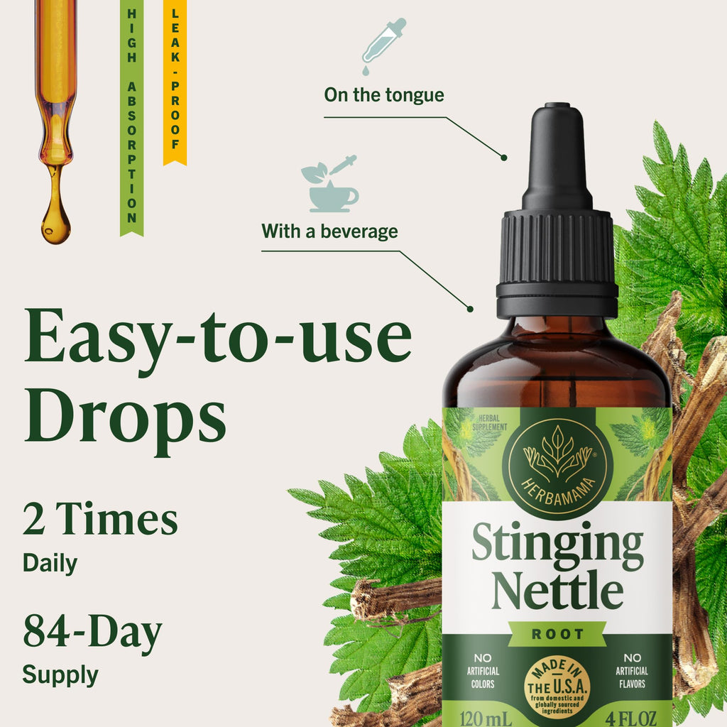 Herbamama Stinging Nettle alcohol free tincture showing kidney and urinary tract support indicators