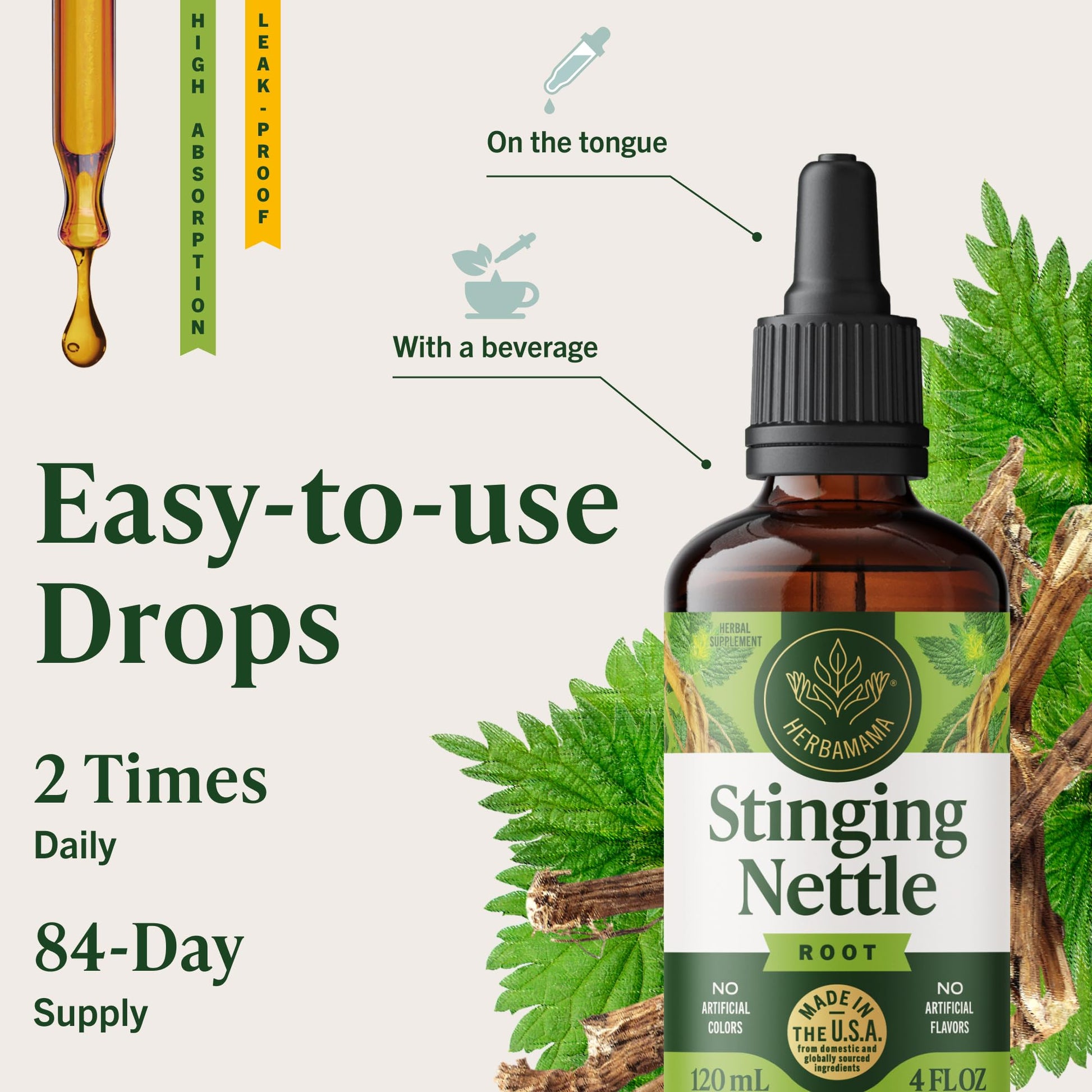 Herbamama Stinging Nettle alcohol free tincture showing kidney and urinary tract support indicators