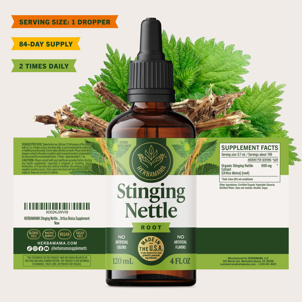 Herbamama Stinging Nettle Urtica dioica supplement showing premium imported USA manufacturing origin labels