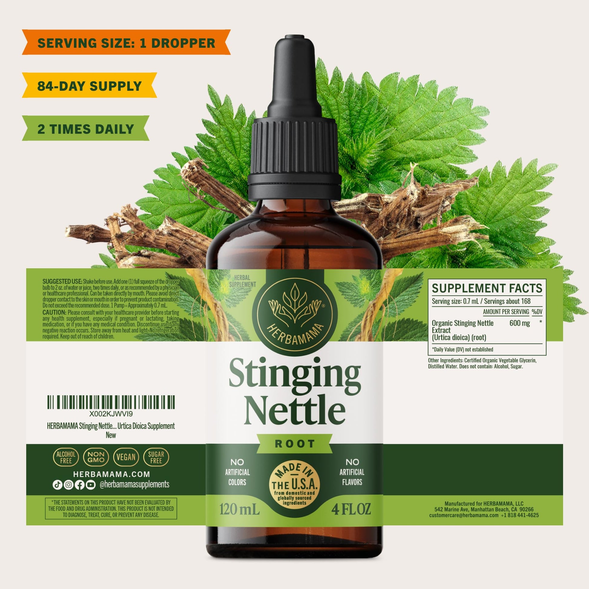 Herbamama Stinging Nettle Urtica dioica supplement showing premium imported USA manufacturing origin labels