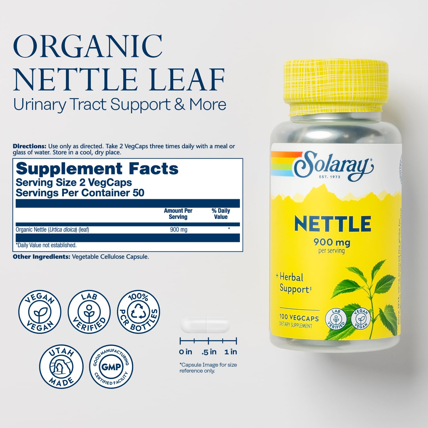 Solaray Nettle Leaf 100 vegetarian capsules label details