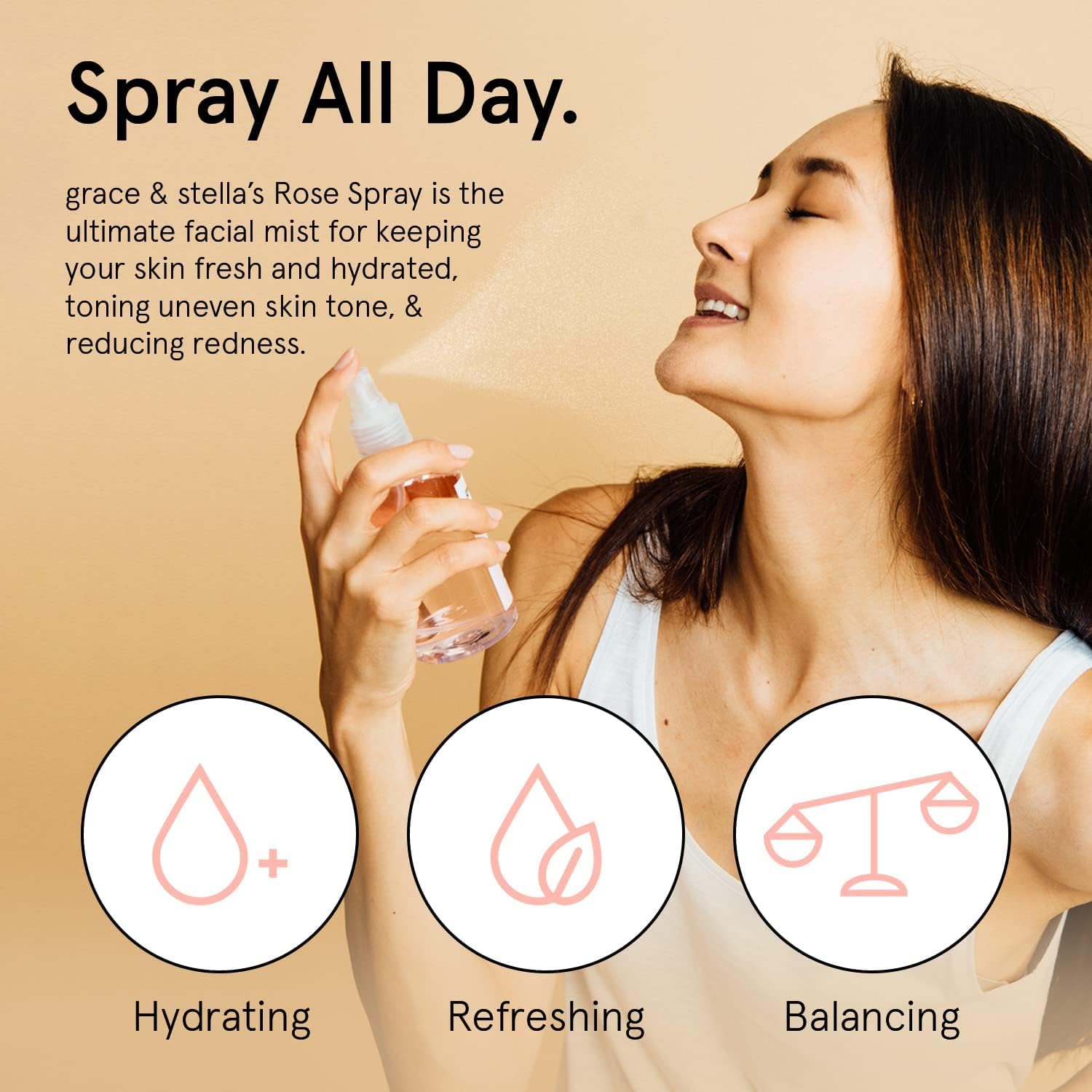 Grace And Stella vegan rosewater toner spray bottle showing ingredients and size