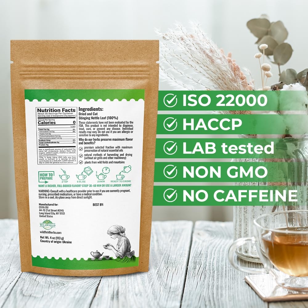 Wildfield Herbs Stinging Nettle Leaf loose dried tea cut herbs spilling out of the packaging