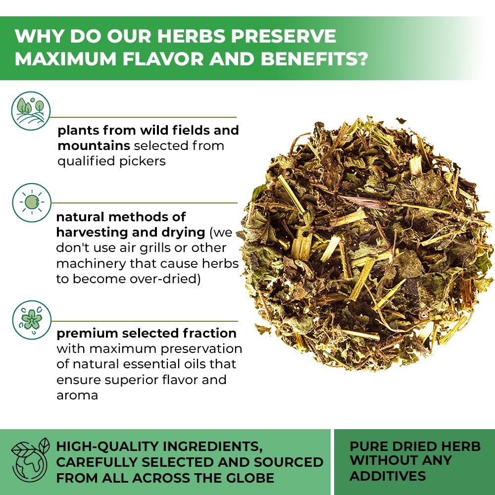 Premium Wildfield Herbs Urtica dioica dried tea leaves close up details