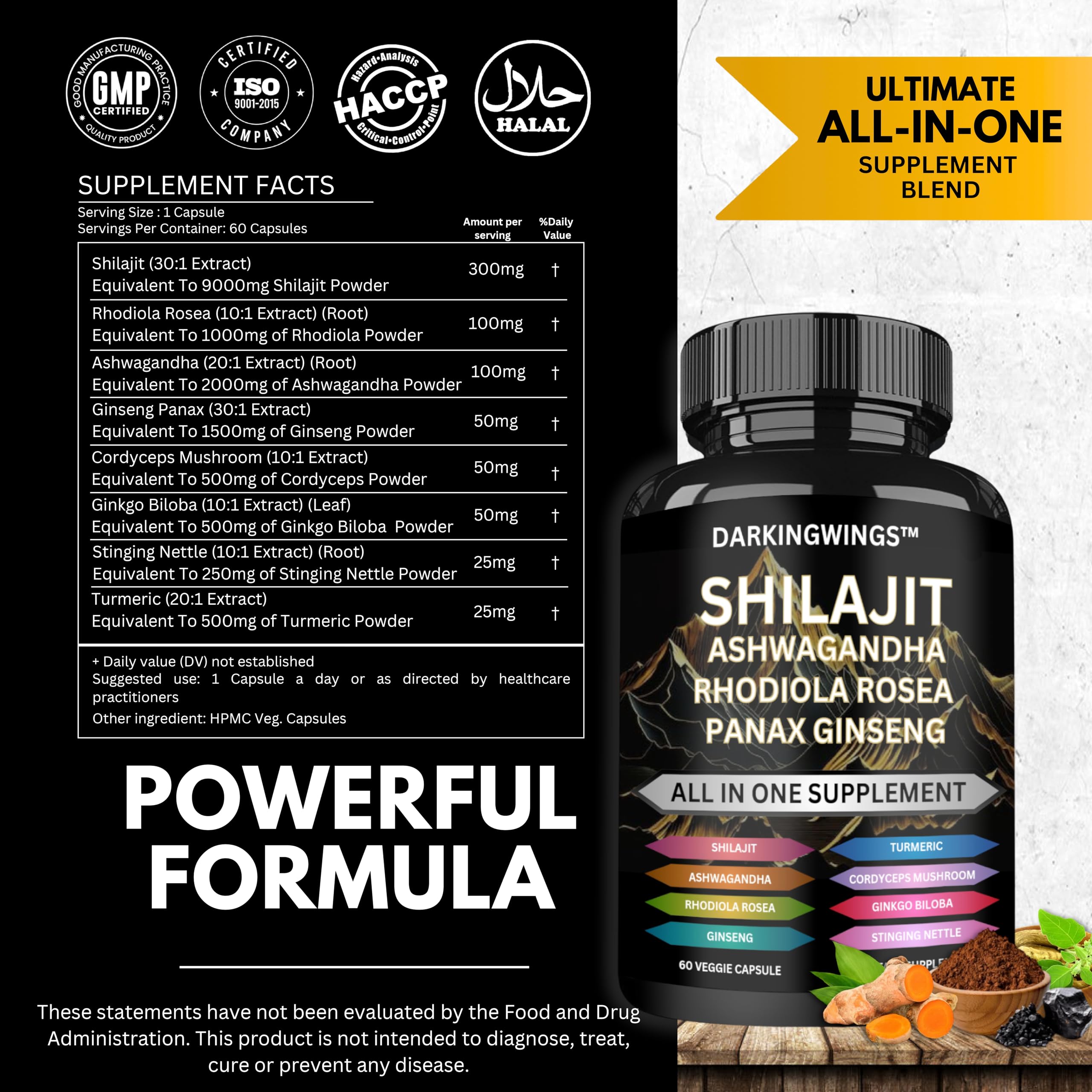 Darkingwings eight in one adaptogen supplement supplement facts label