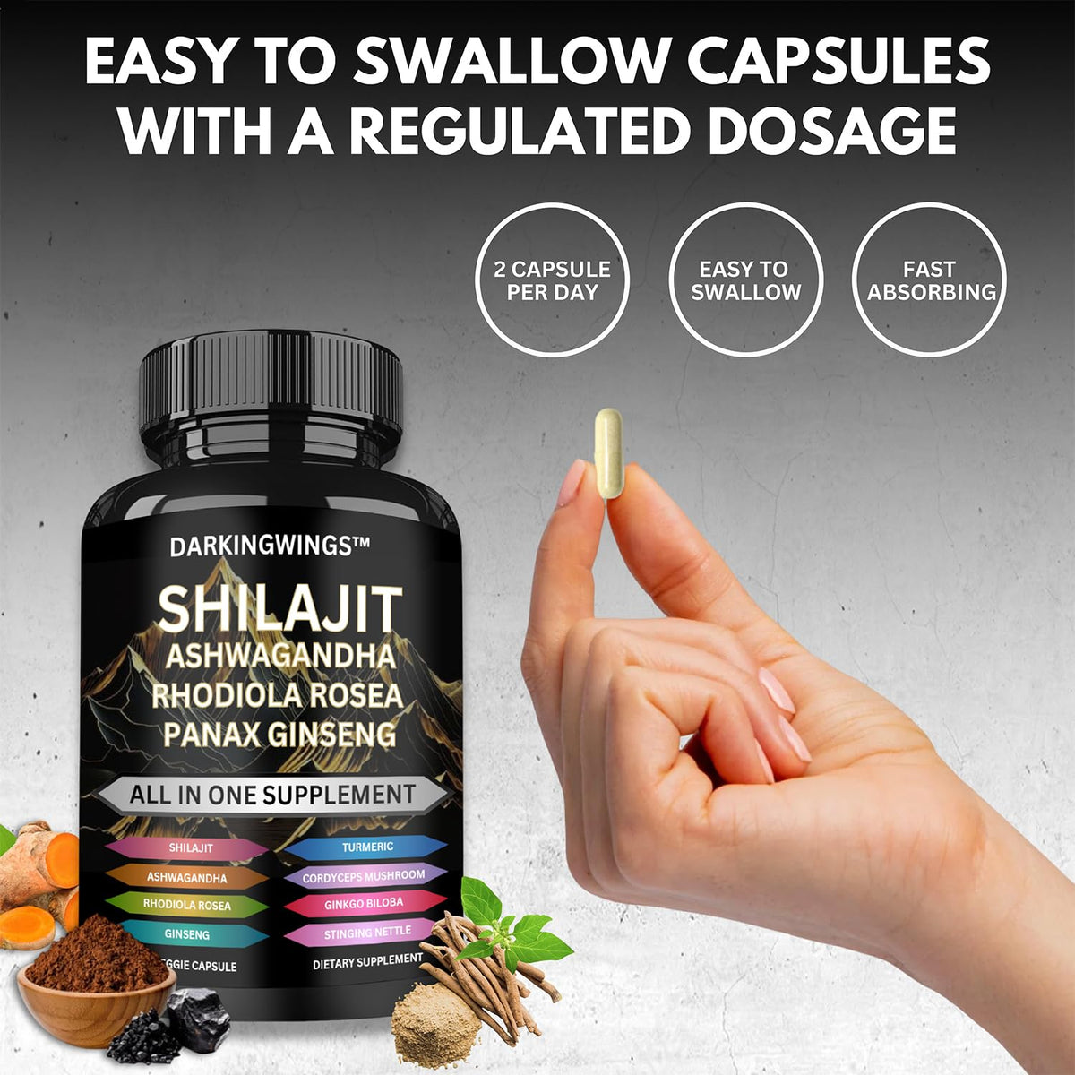 Darkingwings premium USA imported shilajit and ashwagandha capsules container