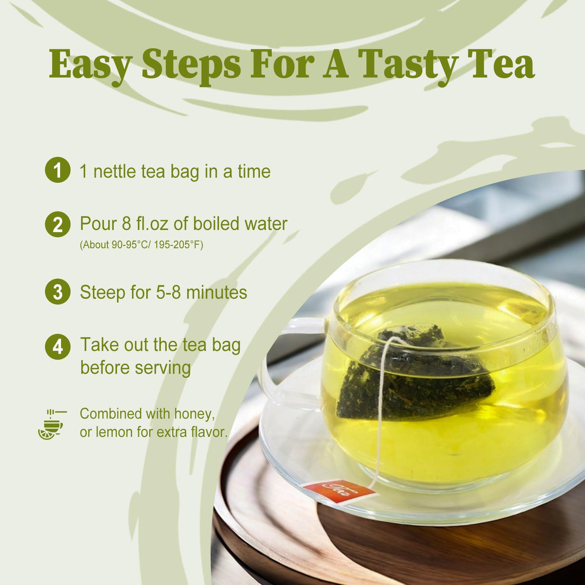 Back label of FullChea nettle leaf tea with detailed brewing instructions.
