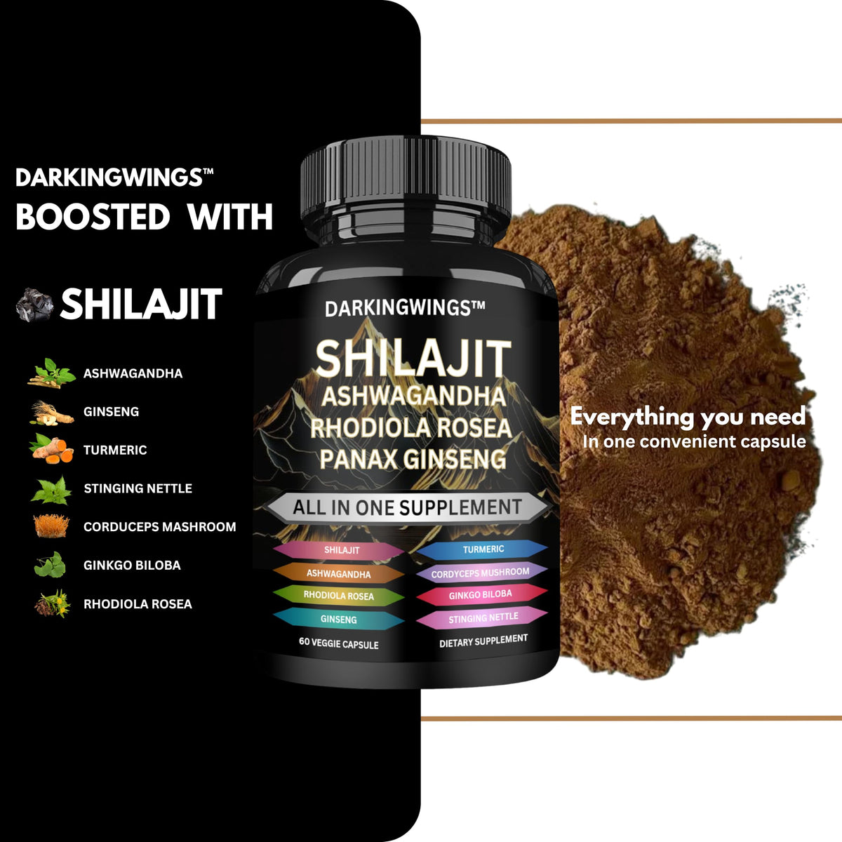 Darkingwings adaptogenic dietary supplement capsule size and appearance