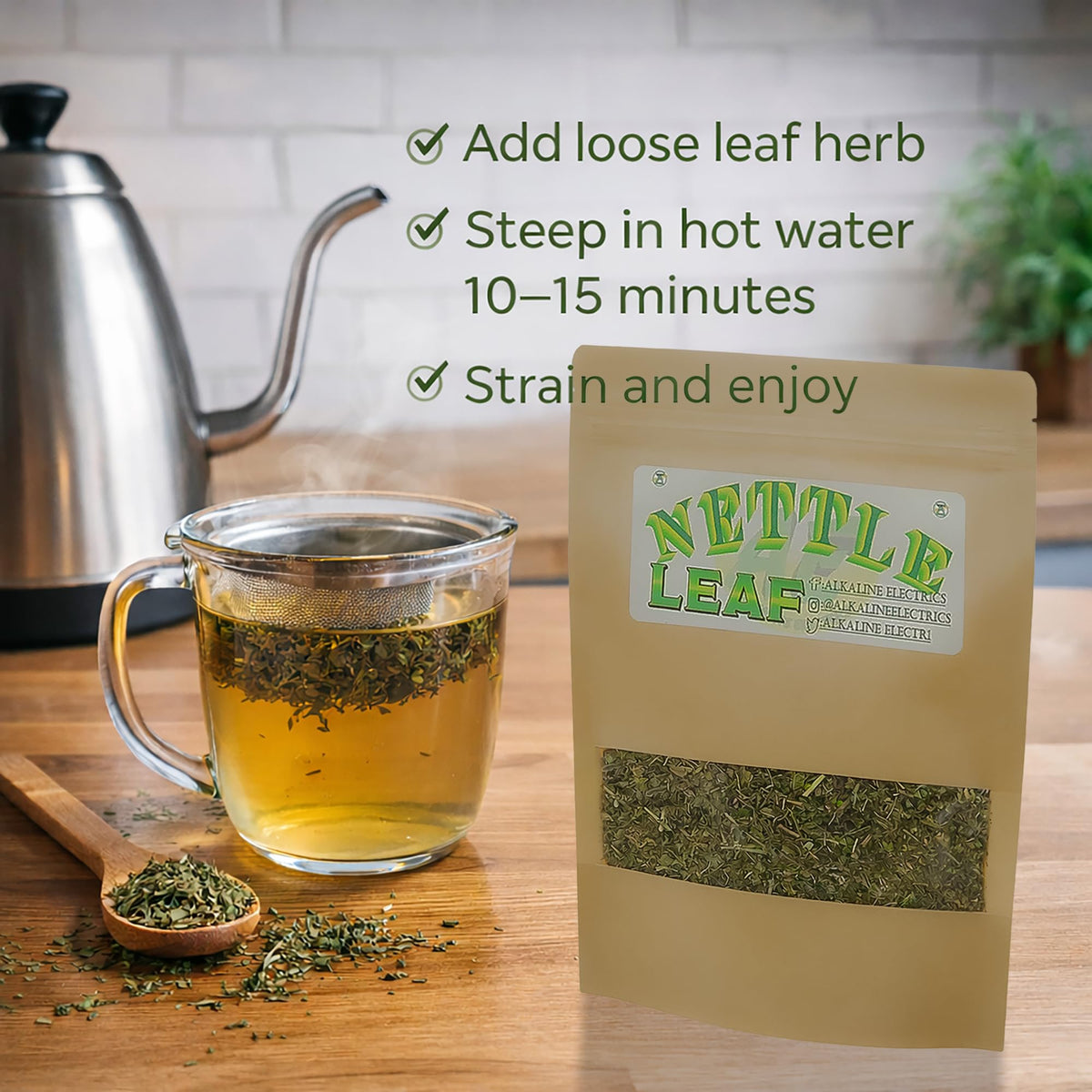 Brewed cup of organic nettle leaf herbal tea