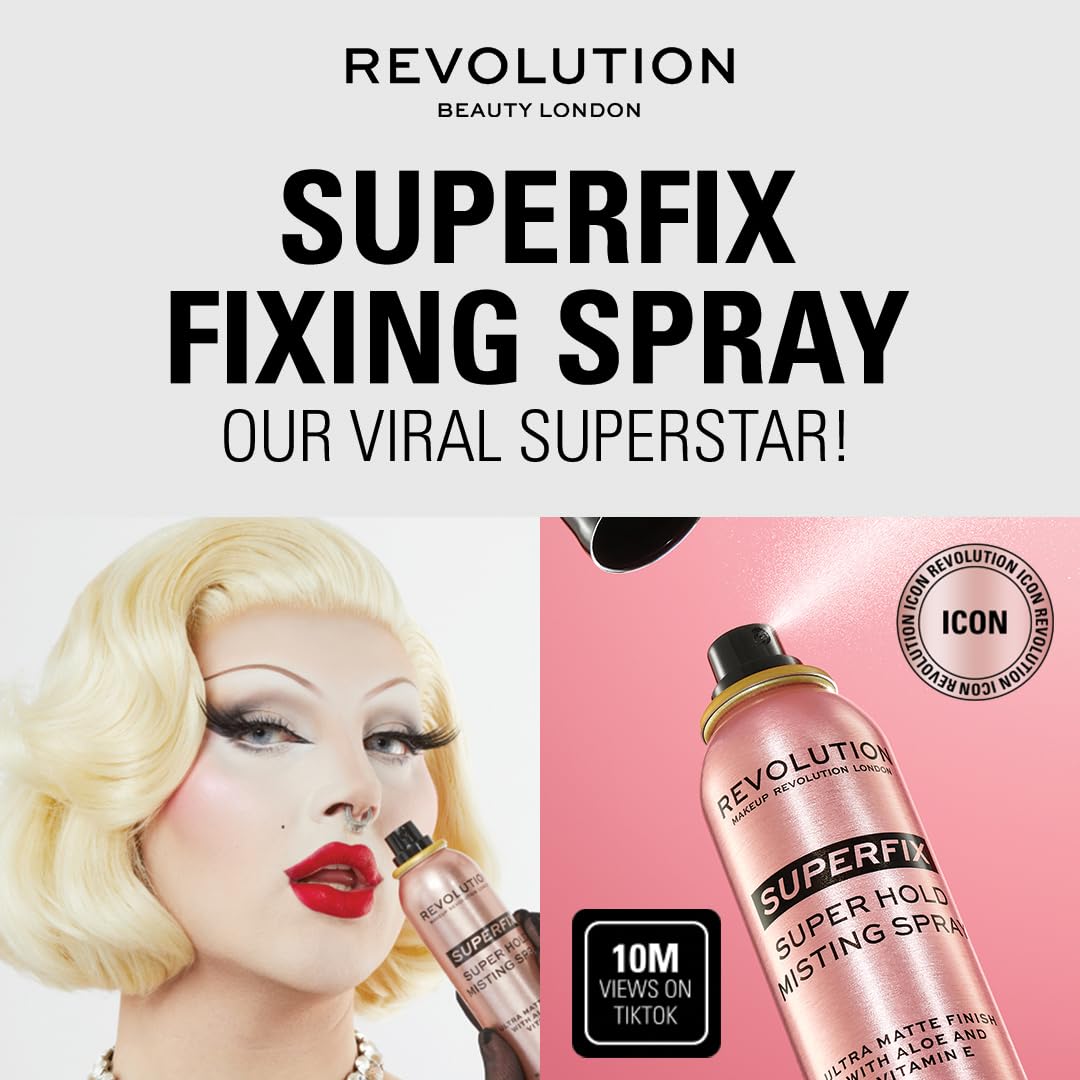 Revolution Beauty Superfix shine free mist bottle standing upright showcasing the professional branding