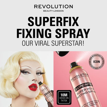 Revolution Beauty Superfix shine free mist bottle standing upright showcasing the professional branding