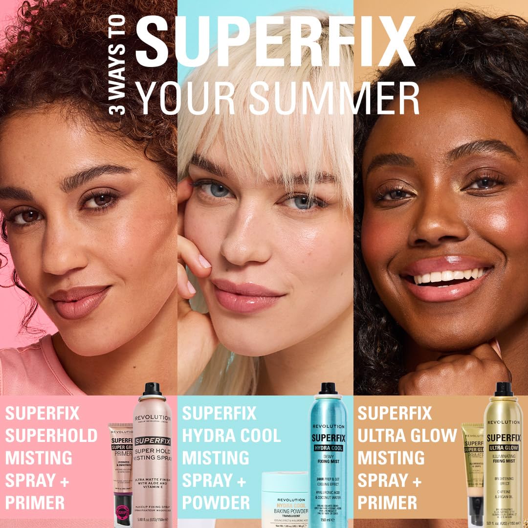 Imported Makeup Revolution London Superfix setting spray bottle highlighting matte finish benefits