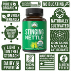 Peak Performance USDA Organic nettle leaf capsules showing certified vegan and non GMO seals