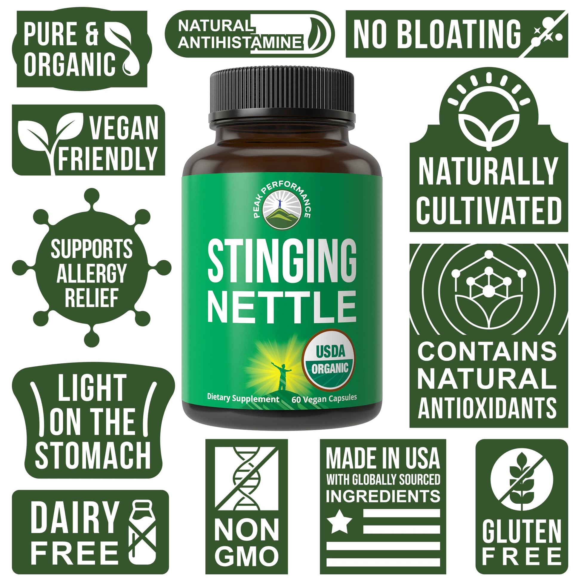 Peak Performance USDA Organic nettle leaf capsules showing certified vegan and non GMO seals