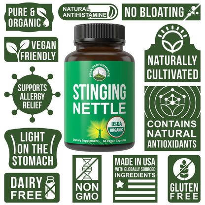 Peak Performance USDA Organic nettle leaf capsules showing certified vegan and non GMO seals