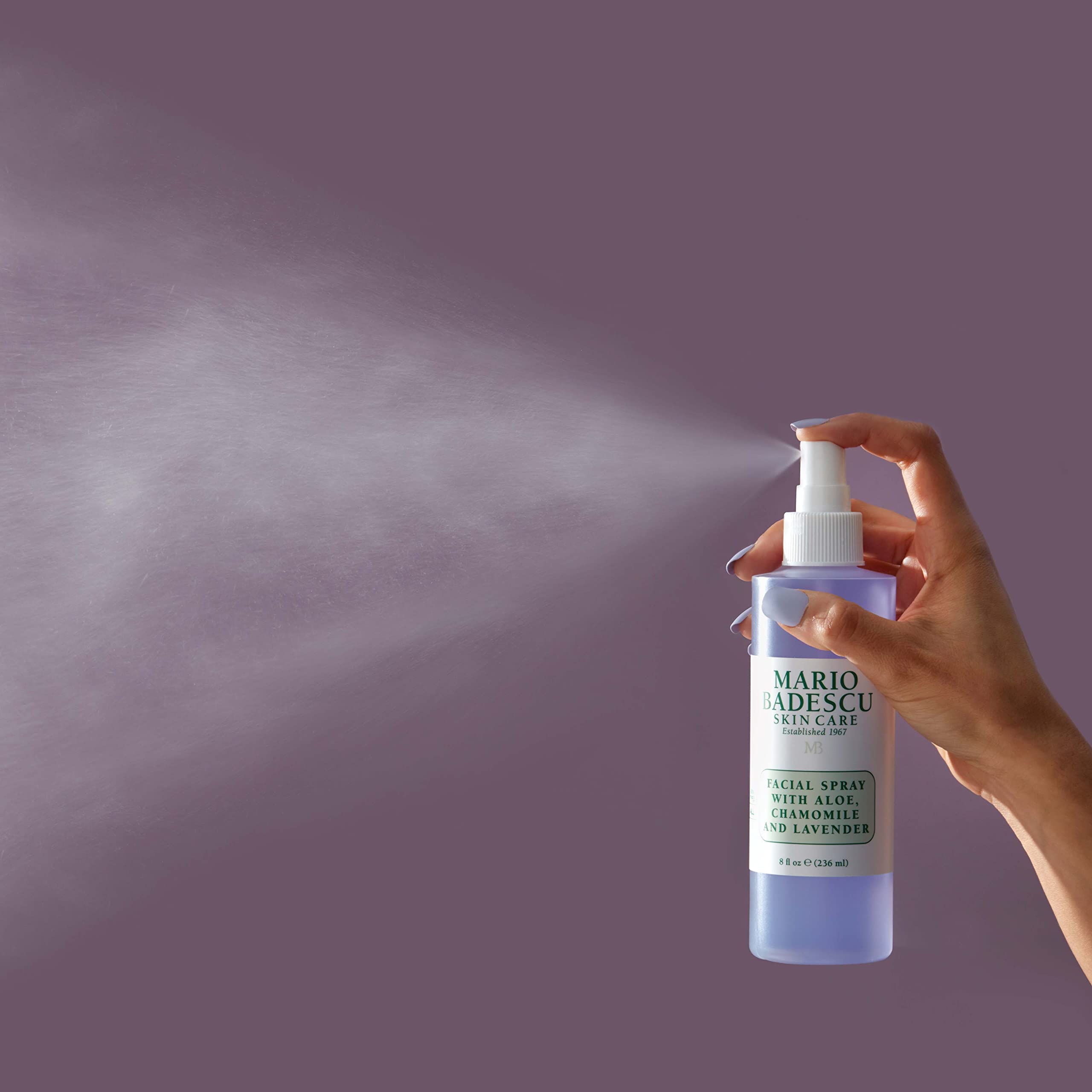 Mario Badescu calming purple face mist bottle displaying the authentic imported label details.