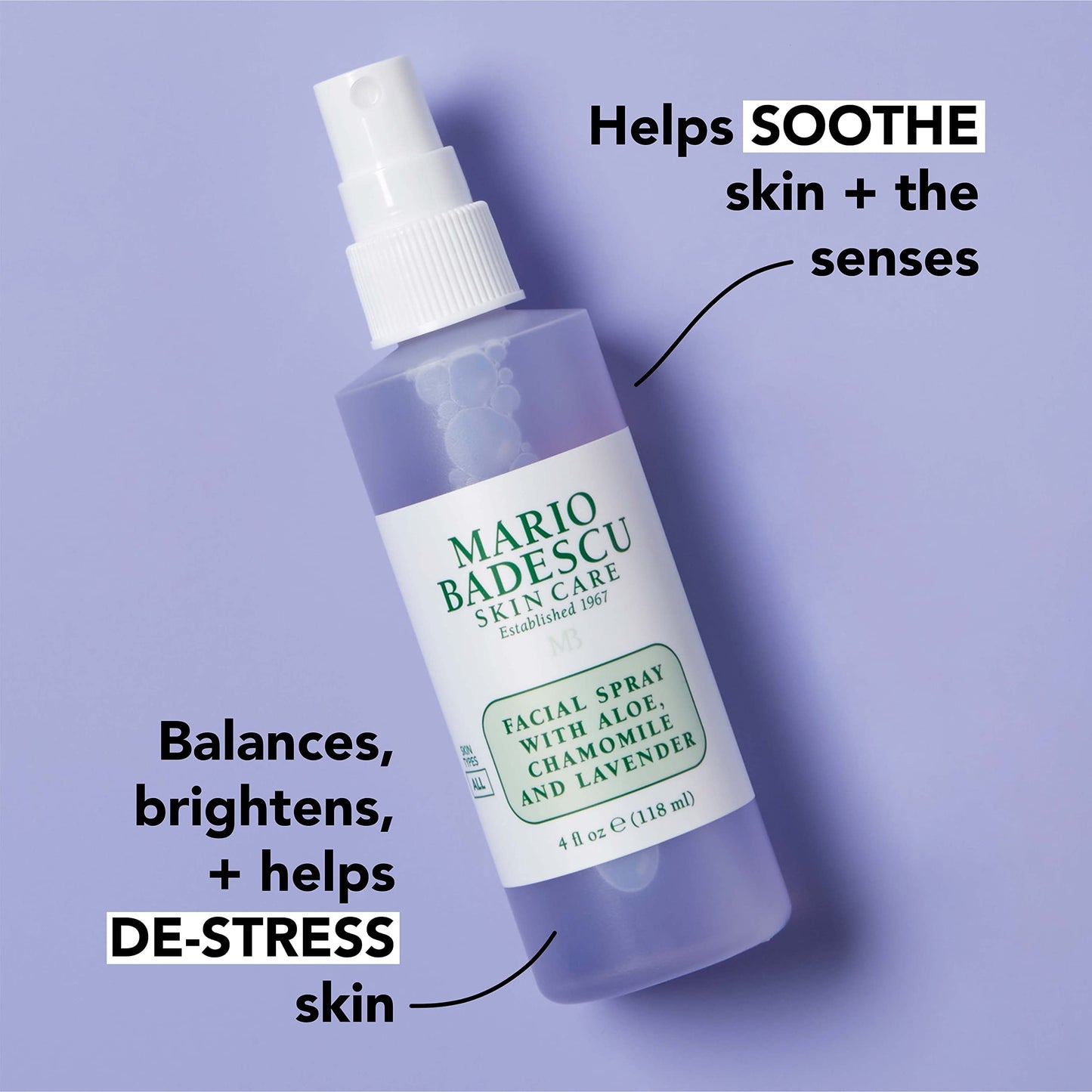 Back packaging view of Mario Badescu lavender facial spray listing ingredients and directions for use.