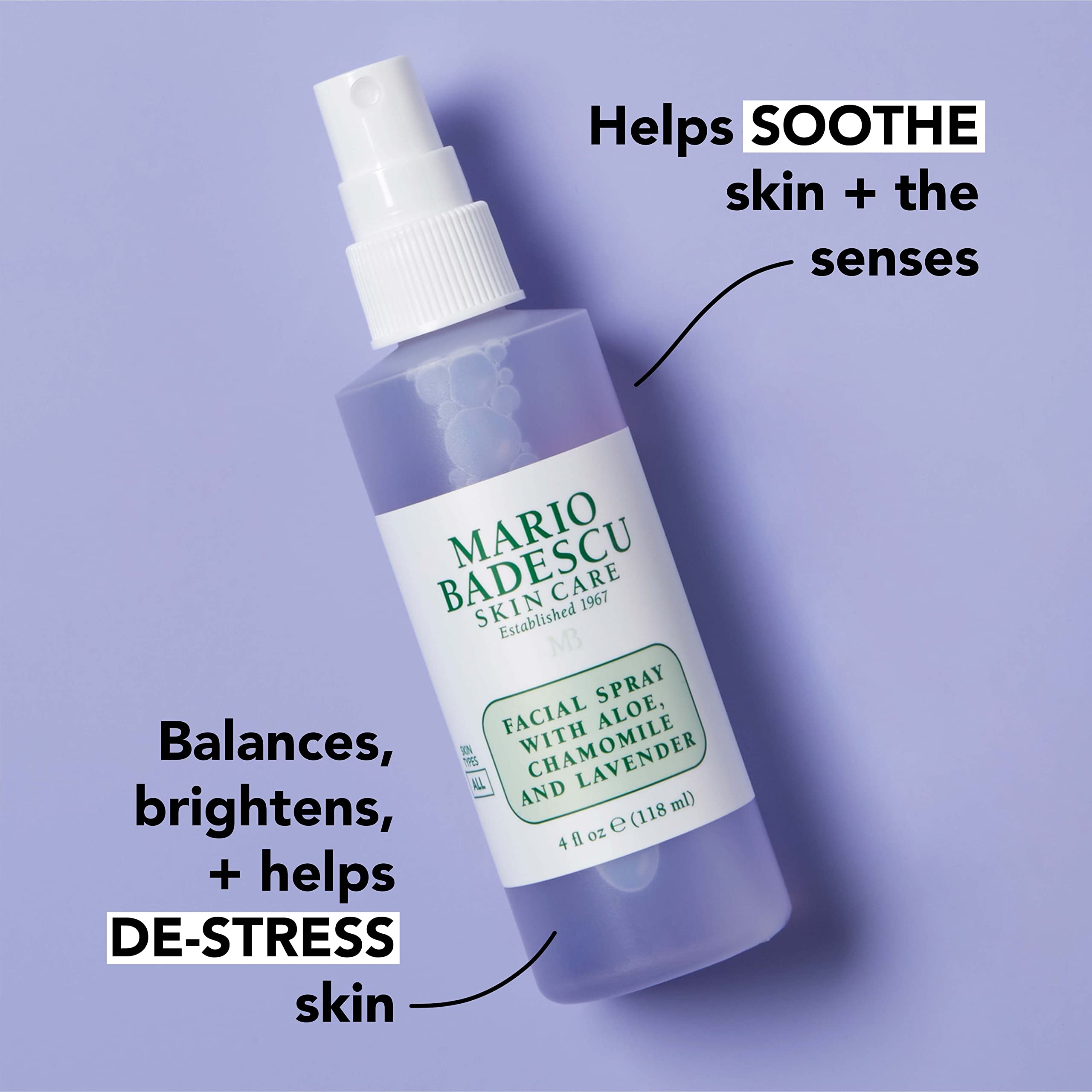 Back packaging view of Mario Badescu lavender facial spray listing ingredients and directions for use.