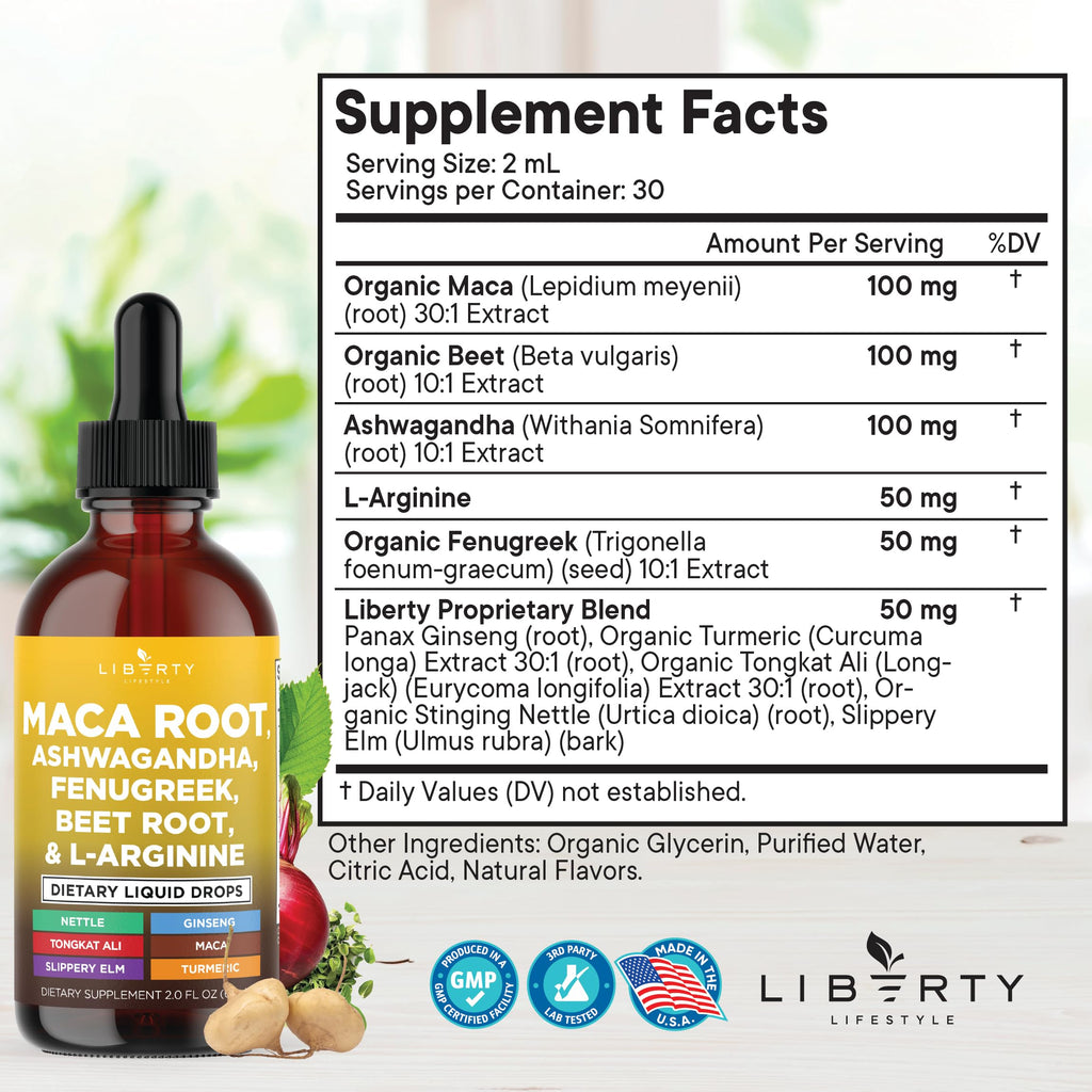 Side angle view of Liberty Lifestyle multi-herbal wellness liquid drops showing the clear dropper applicator.