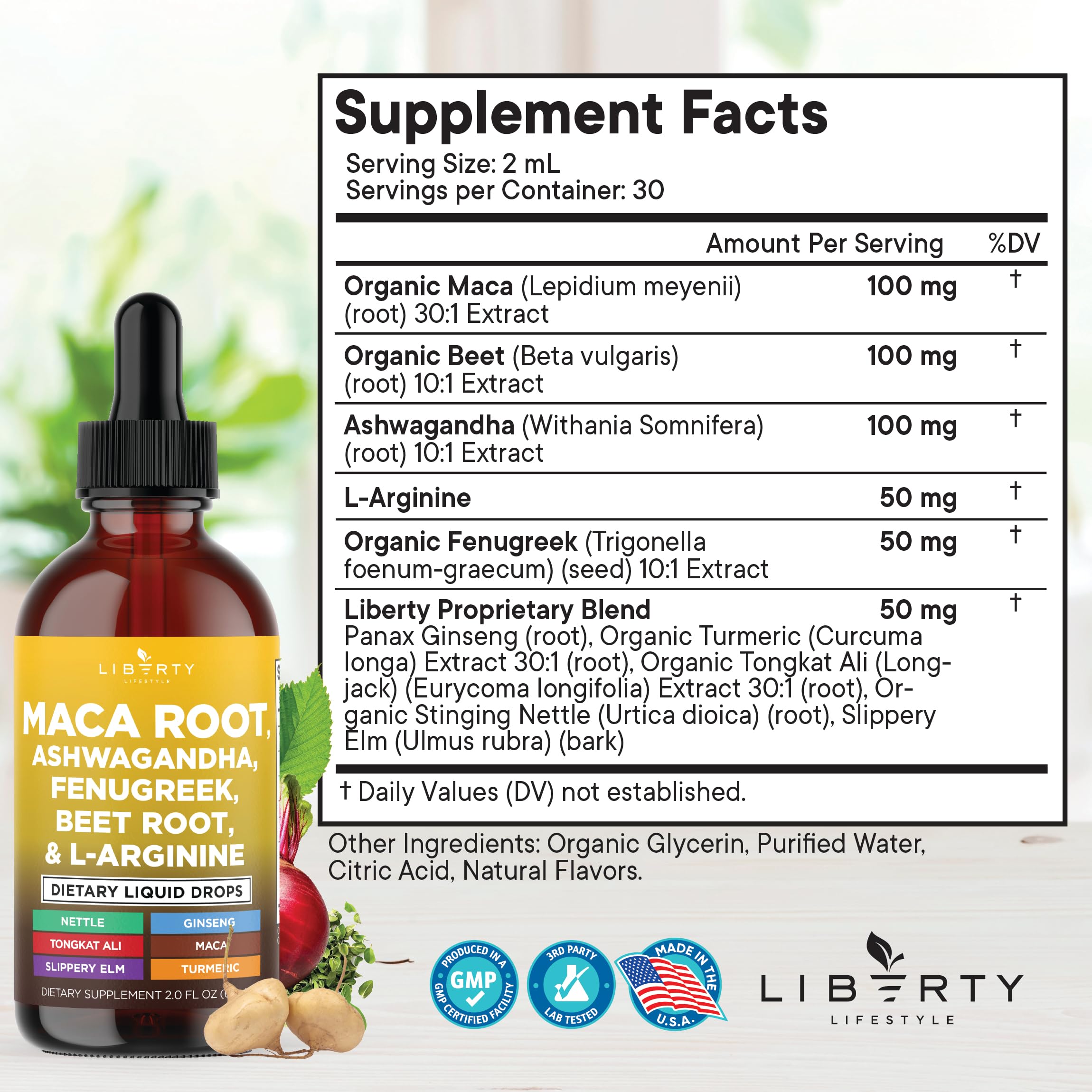 Side angle view of Liberty Lifestyle multi-herbal wellness liquid drops showing the clear dropper applicator.