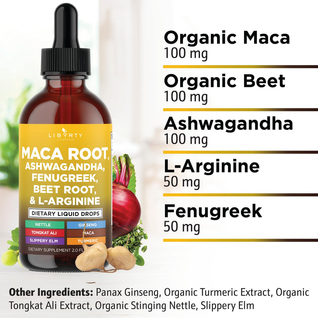 Back label of Liberty Lifestyle Organic Maca Root supplement detailing the comprehensive list of vitamins and minerals.