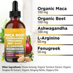 Back label of Liberty Lifestyle Organic Maca Root supplement detailing the comprehensive list of vitamins and minerals.