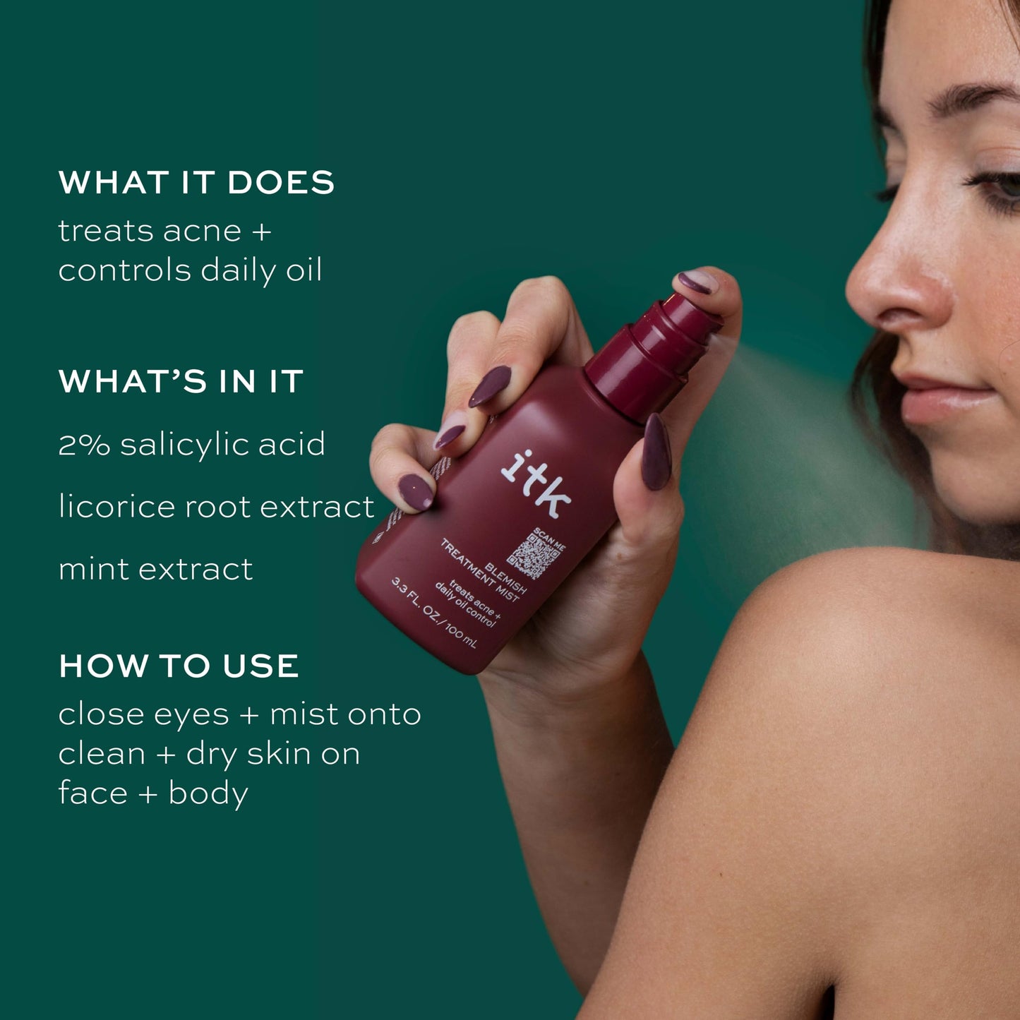 ITK skincare product packaging showing acne fighting benefits