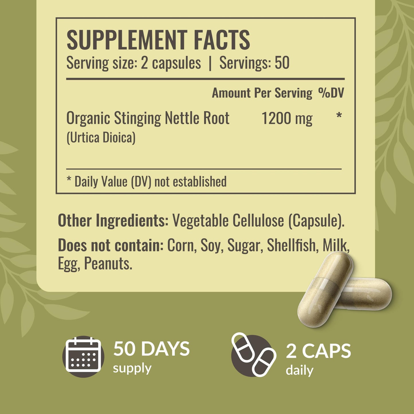 Side profile of HERBAMAMA Stinging Nettle Root supplement bottle showcasing non-GMO and vegan certification logos