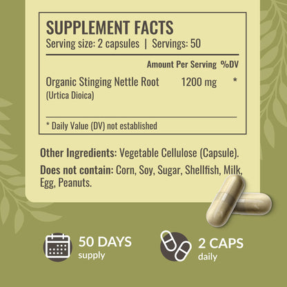 Side profile of HERBAMAMA Stinging Nettle Root supplement bottle showcasing non-GMO and vegan certification logos