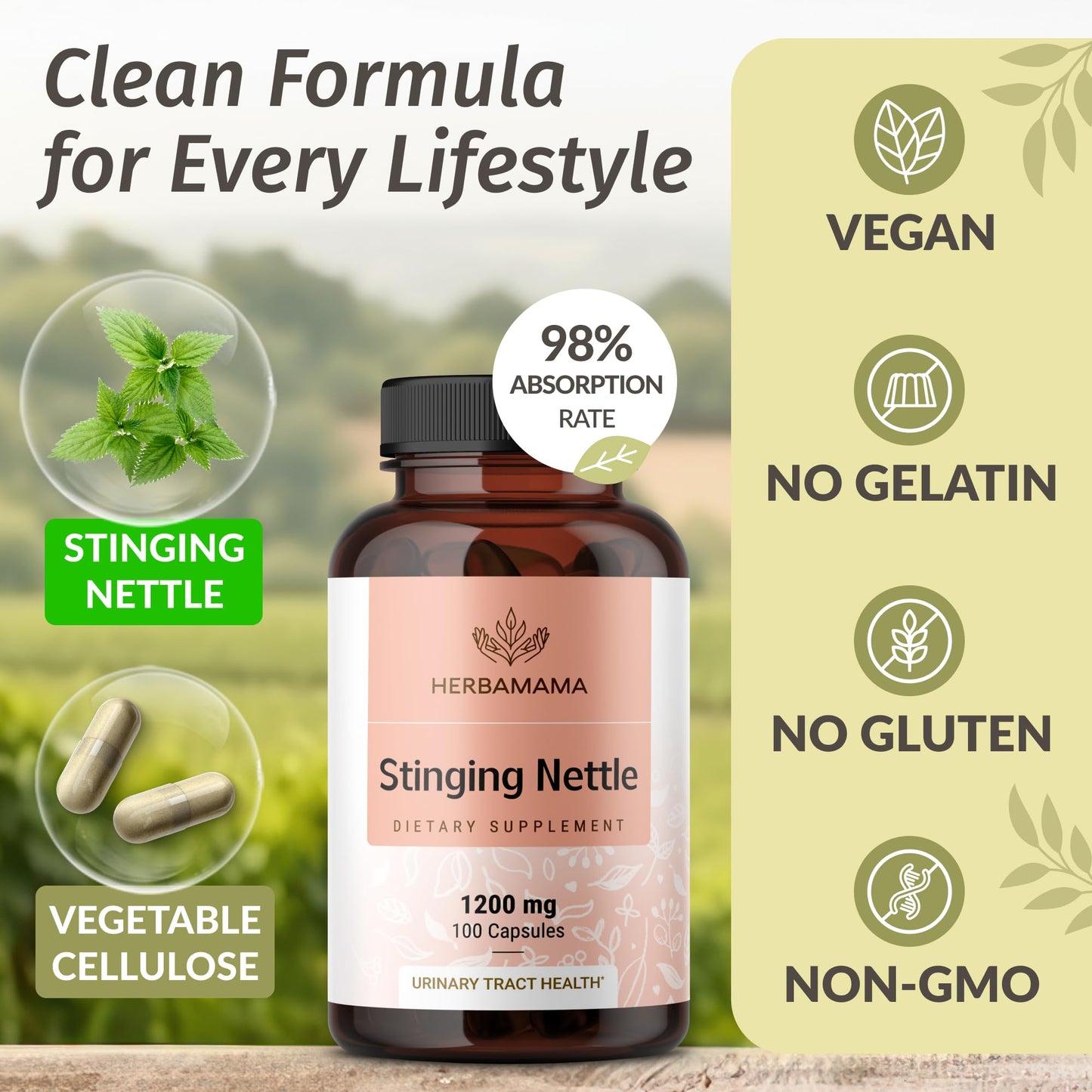 Authentic HERBAMAMA Stinging Nettle 100 vegetarian capsules for natural kidney cleanse and urinary support
