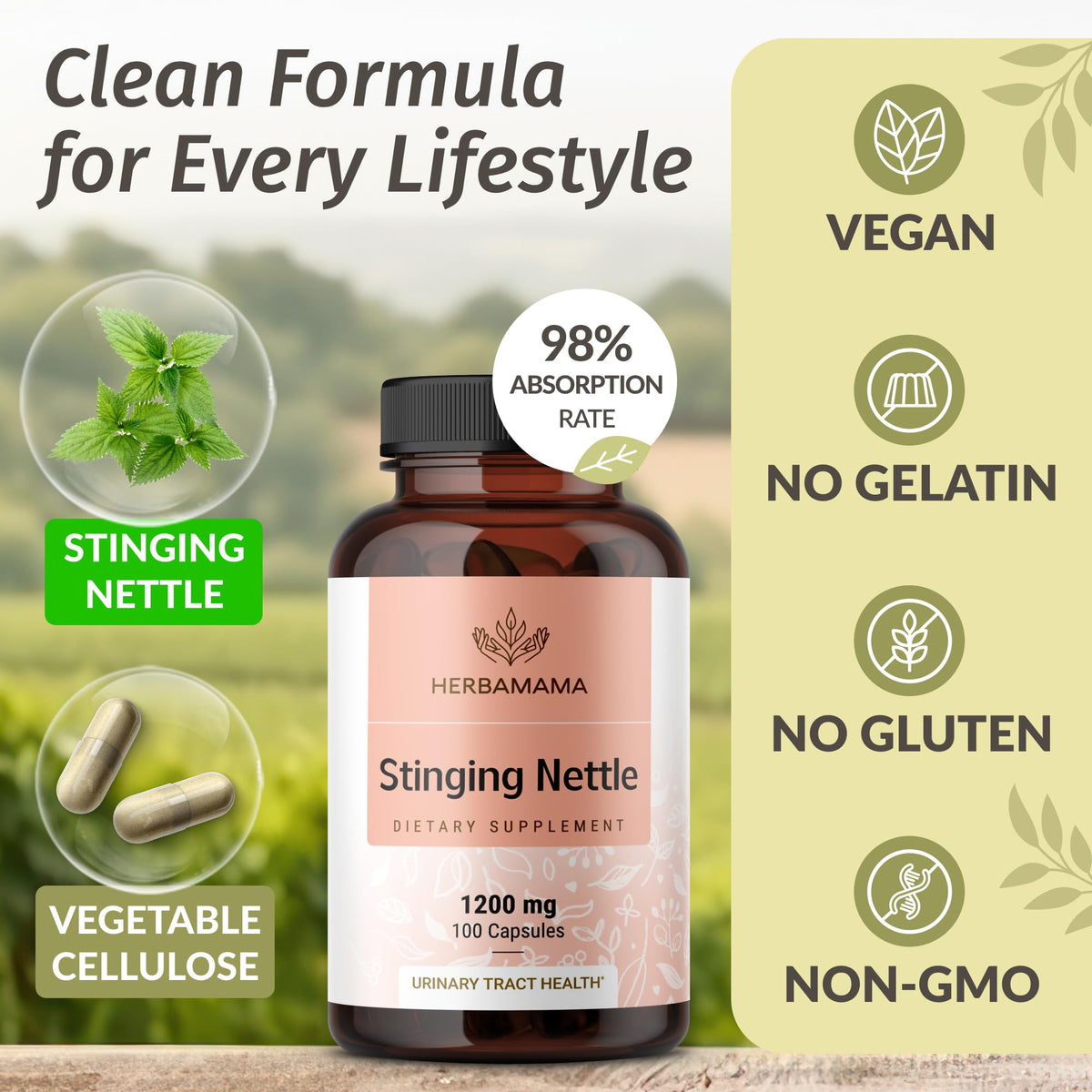 Authentic HERBAMAMA Stinging Nettle 100 vegetarian capsules for natural kidney cleanse and urinary support