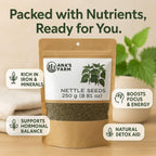 Urtica dioica seed powder back label showing nutritional facts and botanical name.