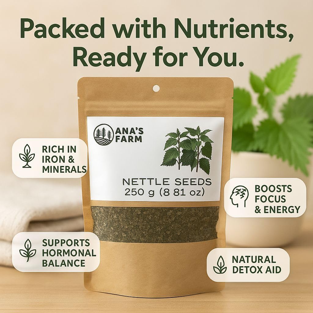 Urtica dioica seed powder back label showing nutritional facts and botanical name.