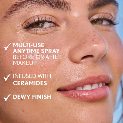 Back label of COVERGIRL Nourishing Milk Spray showing the ceramide and hyaluronic acid ingredients.