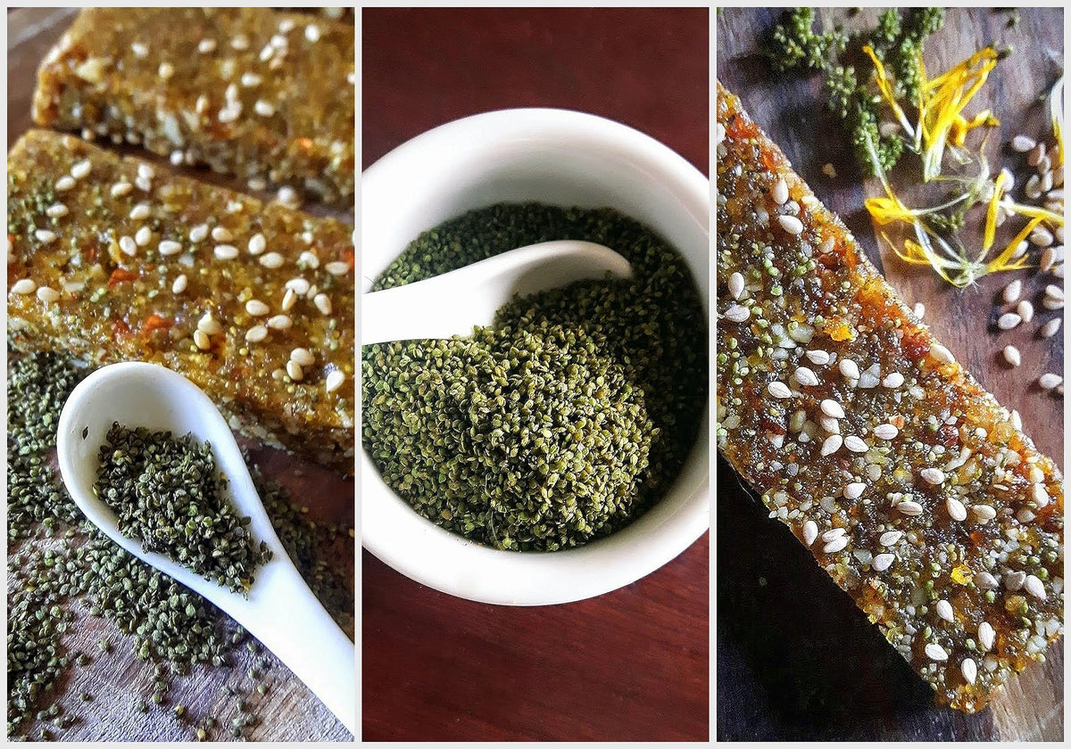 Natural plant based DHT blocker powder ingredients close up visualization.