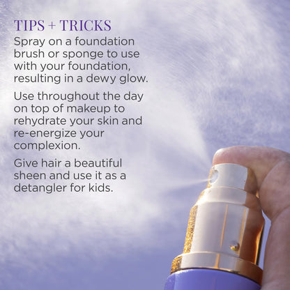 Tatcha 2 in 1 face mist being sprayed to show ultra fine application