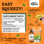 Wild And Organic Stinging Nettle liquid drops bottle showing supplement facts and ingredient list