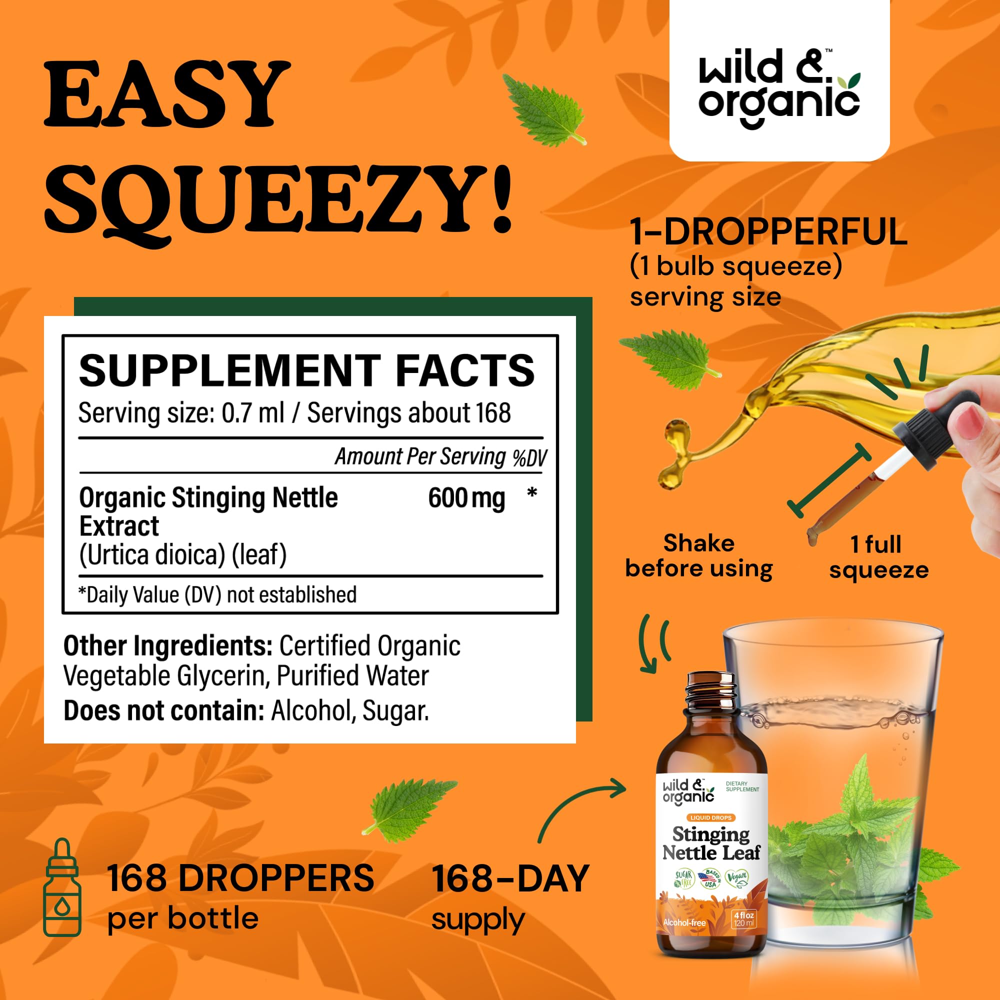 Wild And Organic Stinging Nettle liquid drops bottle showing supplement facts and ingredient list