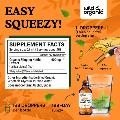 Wild And Organic Stinging Nettle liquid drops bottle showing supplement facts and ingredient list