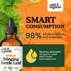 Side profile of Wild And Organic Urtica Dioica supplement liquid tincture highlighting the dropper cap