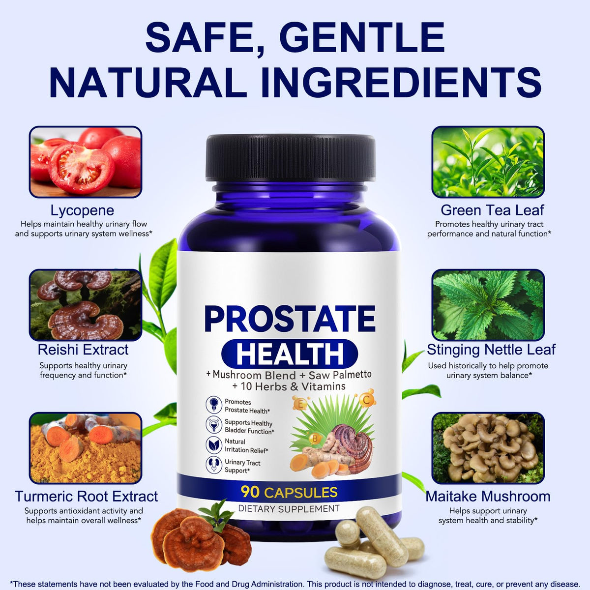 Ocnisdns men health supplement displaying saw palmetto and reishi mushroom ingredient benefits