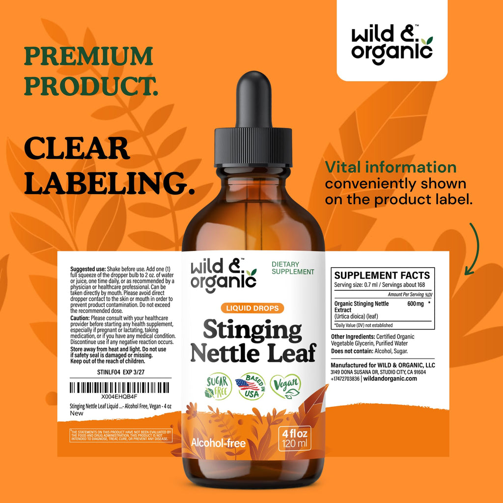 Wild And Organic Stinging Nettle Leaf Tincture four fluid ounce bottle highlighting urinary support benefits