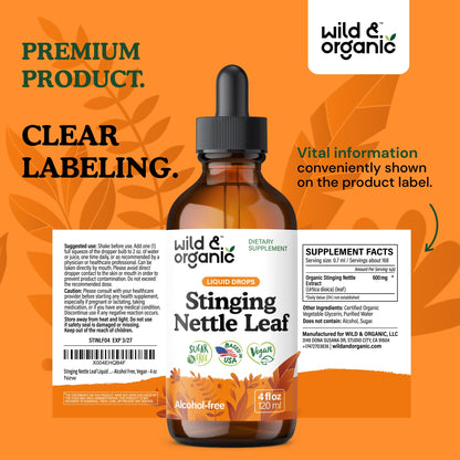 Wild And Organic Stinging Nettle Leaf Tincture four fluid ounce bottle highlighting urinary support benefits